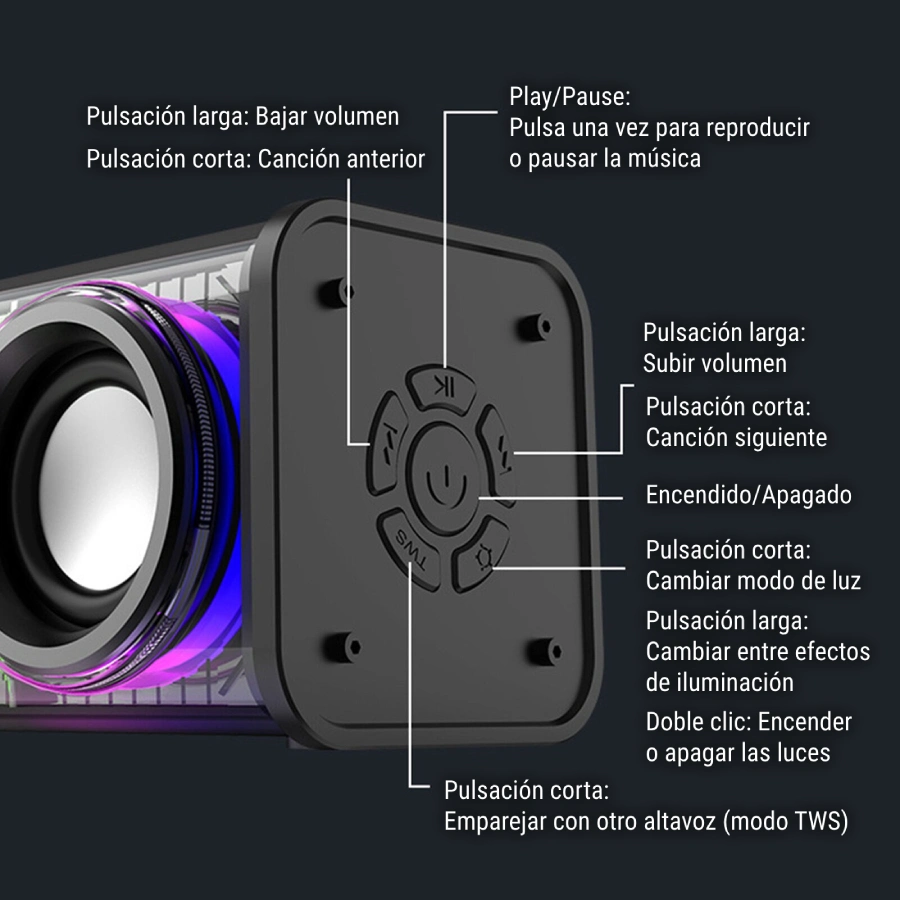 wispeaker altavoz cyber rgb bluetooth controles
